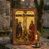 Icoană Răstignirea Domnului cu simbolurile biruinței șarpele și cocoșul