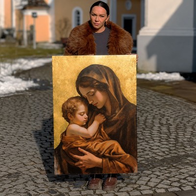 Icoana placata cu foita aurie Maica Domnului cu Pruncul. Idee de cadou, casa noua sau pentru caminul tau
