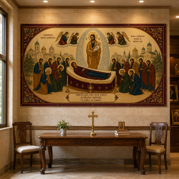 Baner Adormirea Maicii Domnului 2x1m, decor exterior/interior, fundal foto Baner Adormirea Maicii Domnului 2x1m, decor exterior/interior, fundal foto