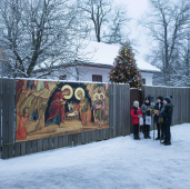 Baner decorativ Craciun - Nasterea Domnului 2x1m, decor exterior/interior, fundal foto