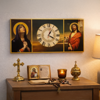 Ceas cu 2 icoane: Maica Domnului facatoare de minuni si Iisus cu coroana de spini