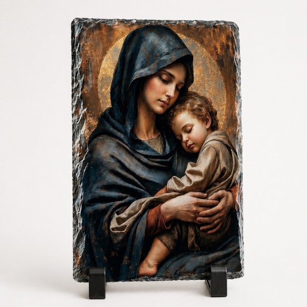 Icoana Maica Domnului cu Pruncul pe placa din piatra 15x10cm