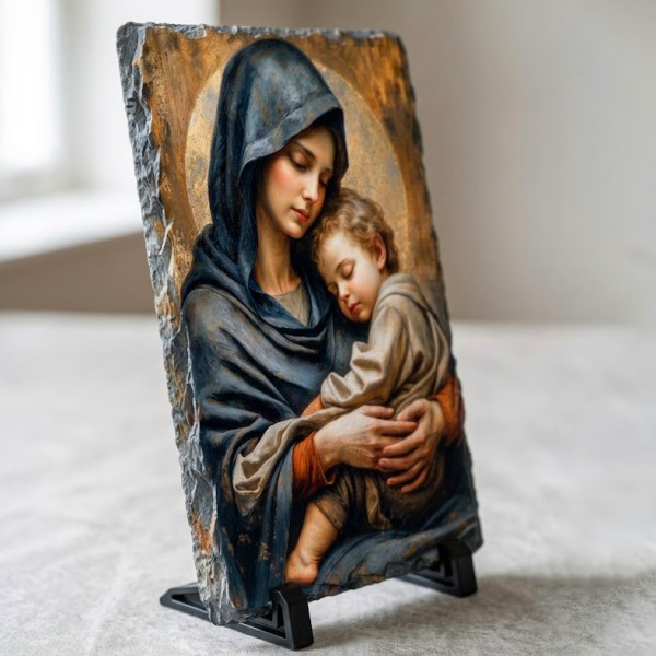 Icoana Maica Domnului cu Pruncul pe placa din piatra 15x10cm