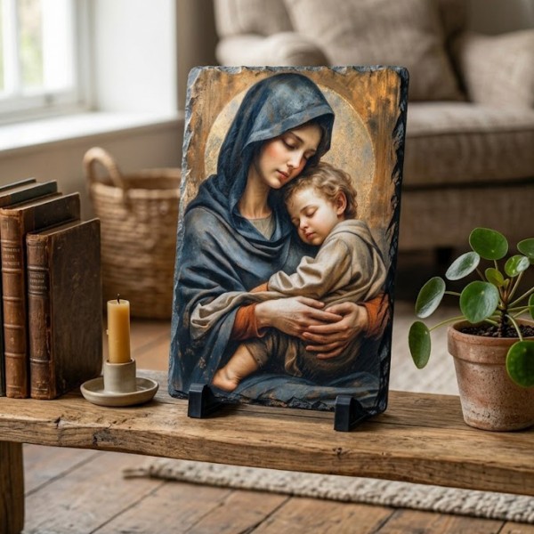 Icoana Maica Domnului cu Pruncul pe placa din piatra 15x10cm