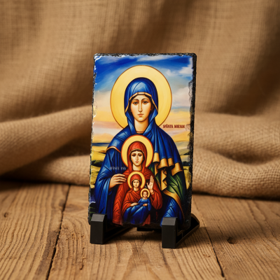 Icoana celor 4 generatii: Sf. Miriam, Sf. Ana, Maica Domnului si Iisus Hristos  pe placa din piatra 15x10cm