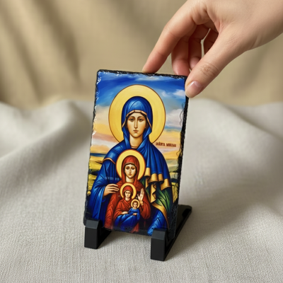 Icoana celor 4 generatii: Sf. Miriam, Sf. Ana, Maica Domnului si Iisus Hristos  pe placa din piatra 15x10cm