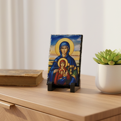 Icoana celor 4 generatii: Sf. Miriam, Sf. Ana, Maica Domnului si Iisus Hristos  pe placa din piatra 15x10cm