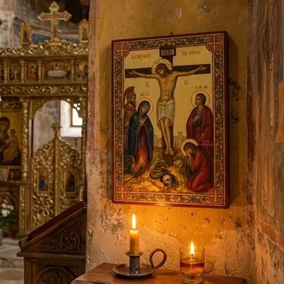 Icoană Răstignirea Domnului cu simbolurile biruinței: șarpele și cocoșul — miniatura 2
