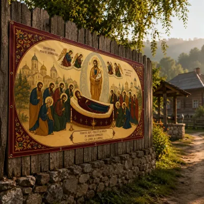 Baner Adormirea Maicii Domnului 2x1 m, decor exterior/interior, fundal foto — miniatura 2