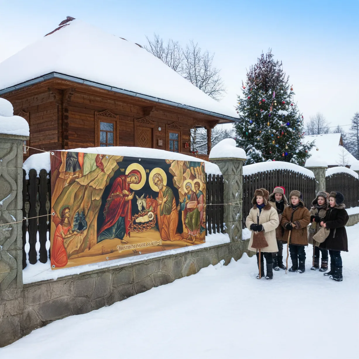 Baner decorativ Crăciun – Nașterea Domnului 2x1 m, decor exterior/interior, fundal foto